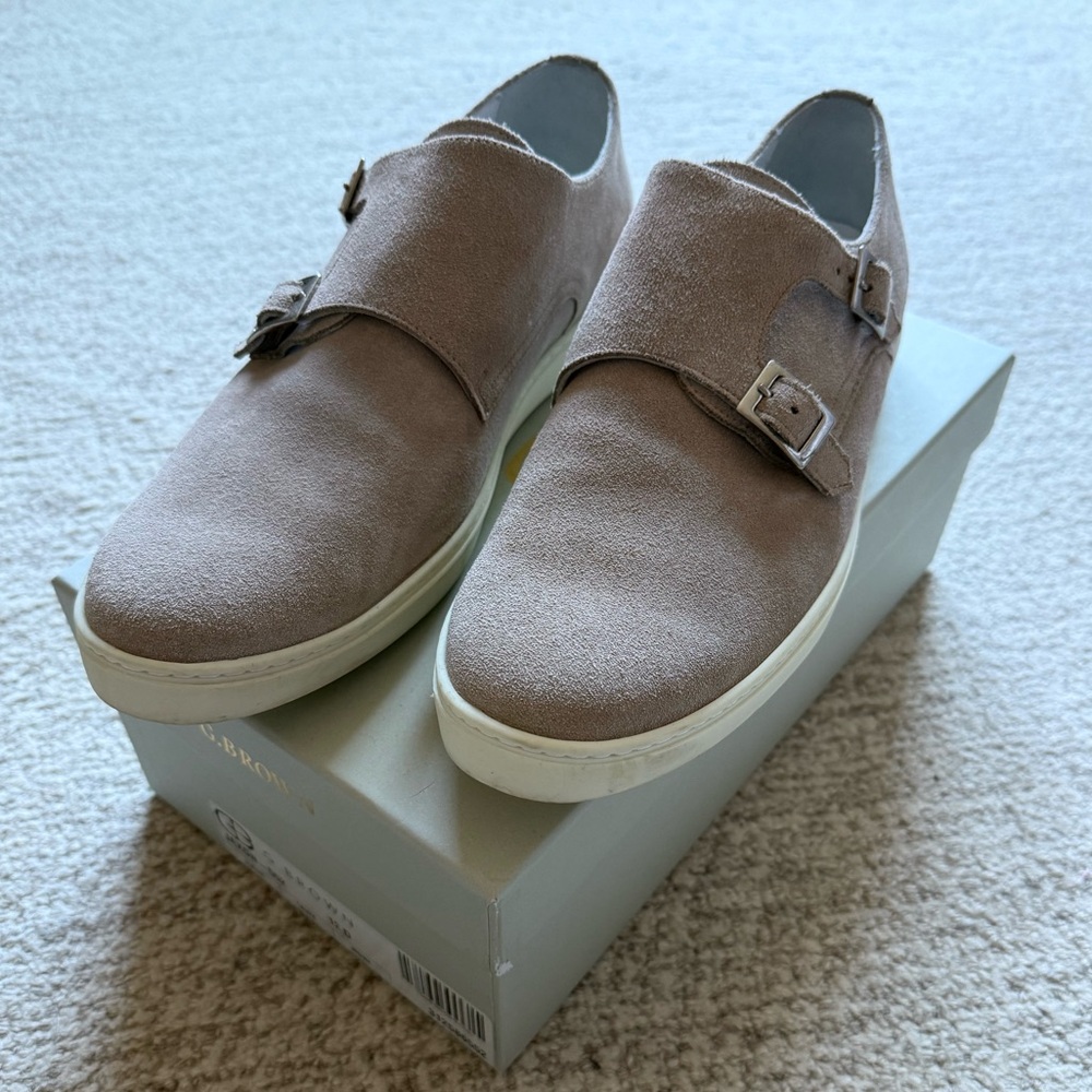 G. Brown Jaxon Suede Monk Strap Shoe, Men’s size 12, Taupe